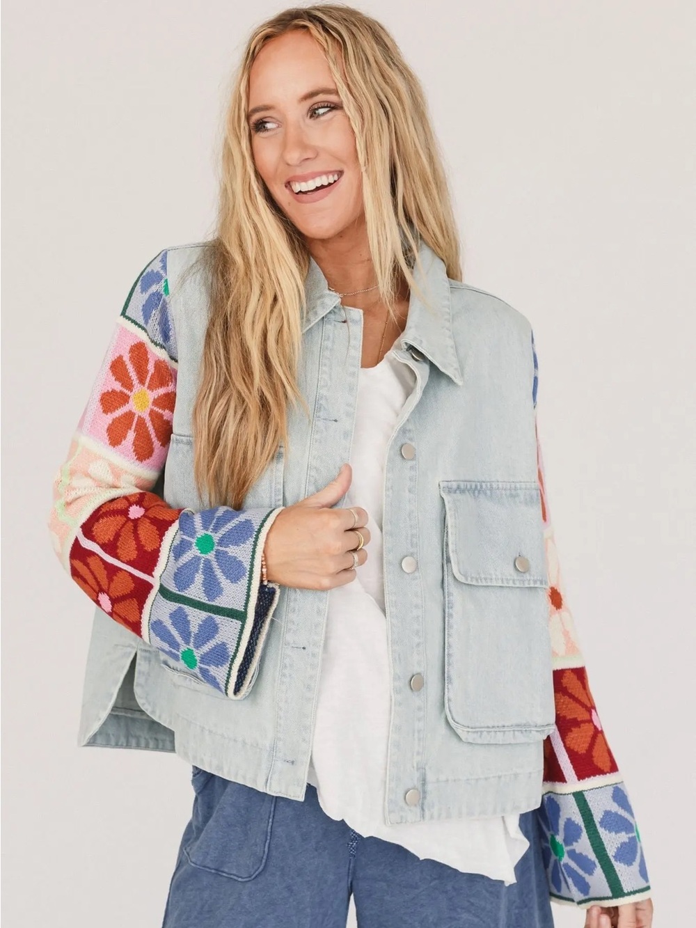 Davi & Dani Multi-Patchwork Floral Knit Sleeve Denim Jacket
